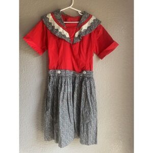 Vintage‎ Girls Dress 50s Red Black Plaid Sailor Collared Preppy Retro 7 8
